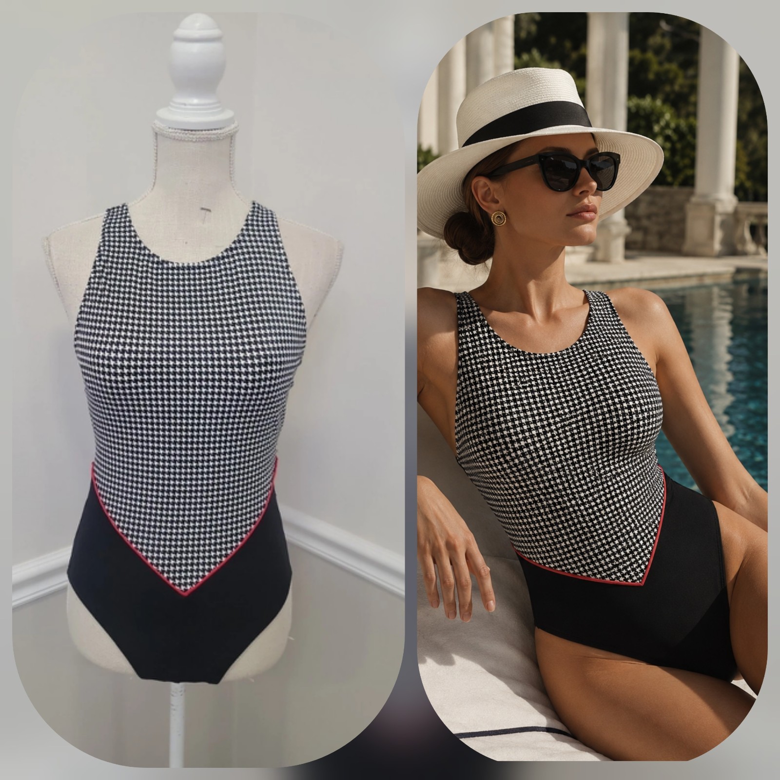VTG 80s One Piece Swimsuit Houndstooth Black White High Cut NWOT Sz 6