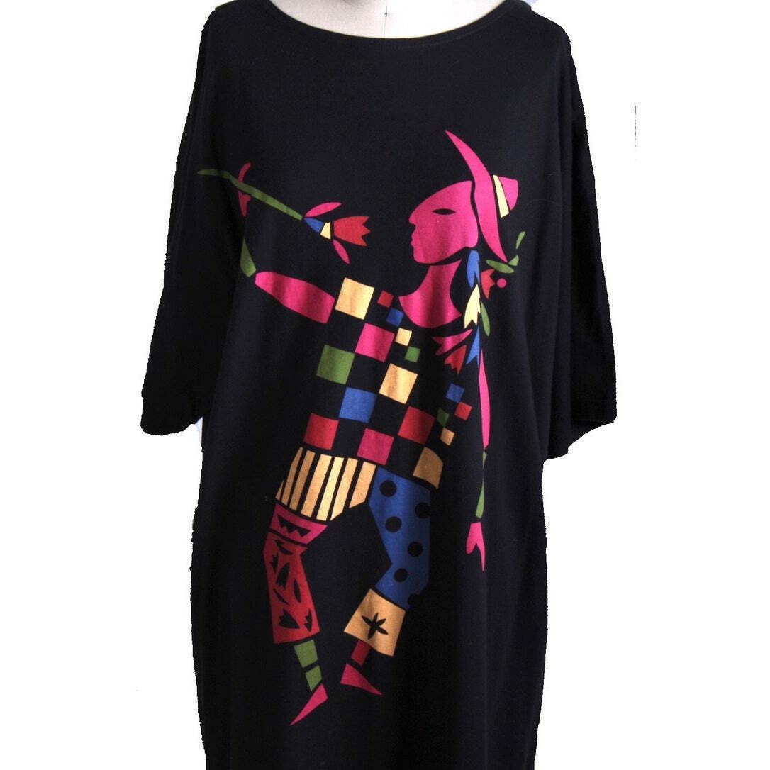 RARE VTG 1980s Marimekko Cotton Knit Clown Dress O/S Black Graphic Art Print