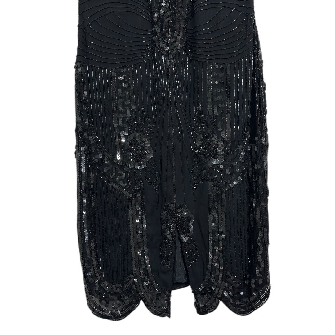 SweeLo Vintage 1920 Black Beaded 100% Silk Flapper Dress Sequin Art Deco Size PL