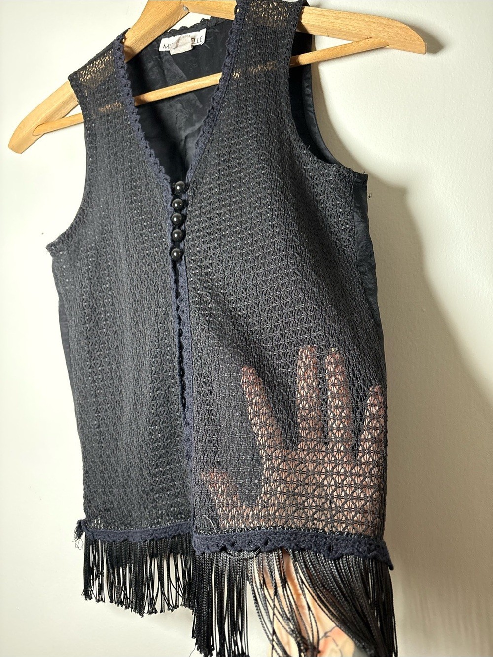 VTG 90s My Michelle Black Crochet Fringe Vest Boho Whimsygoth Shrug Approx. M