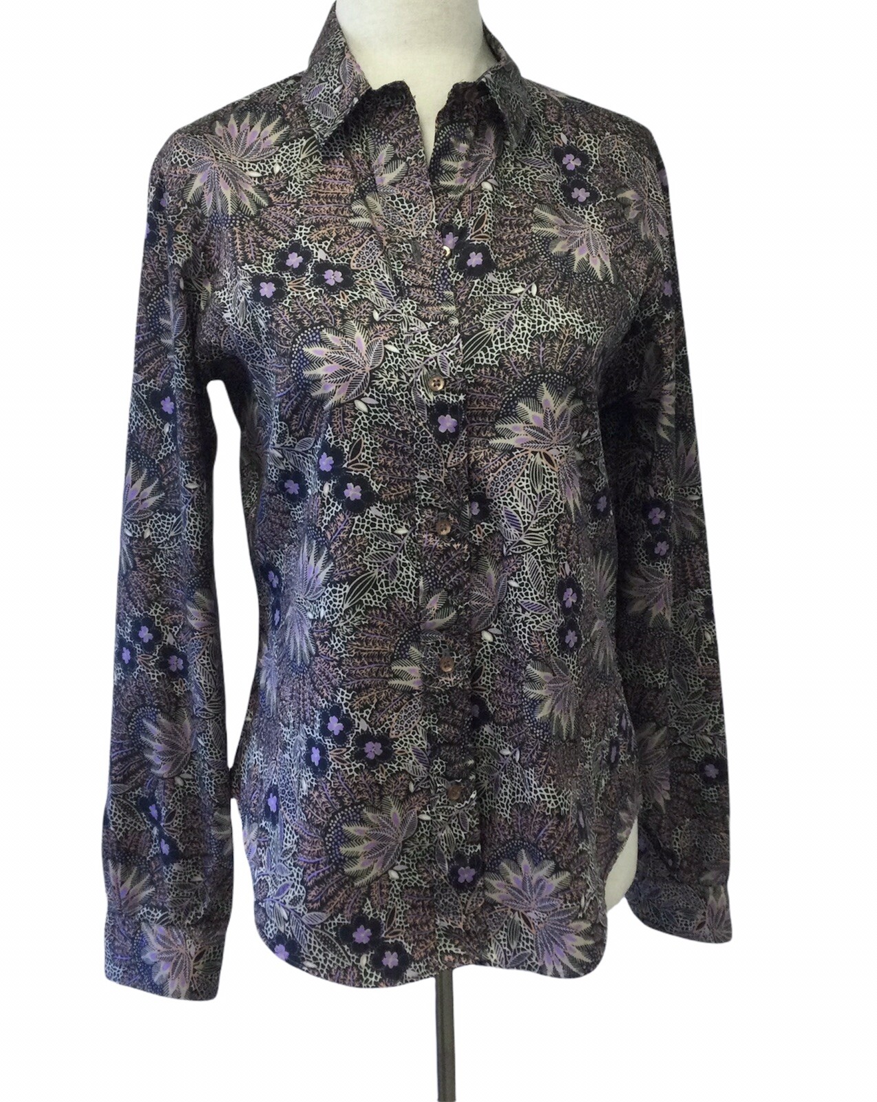 Vintage 70s Womens Button Up Polyester Shirt JUNIOR SMALL Mod Floral Silky