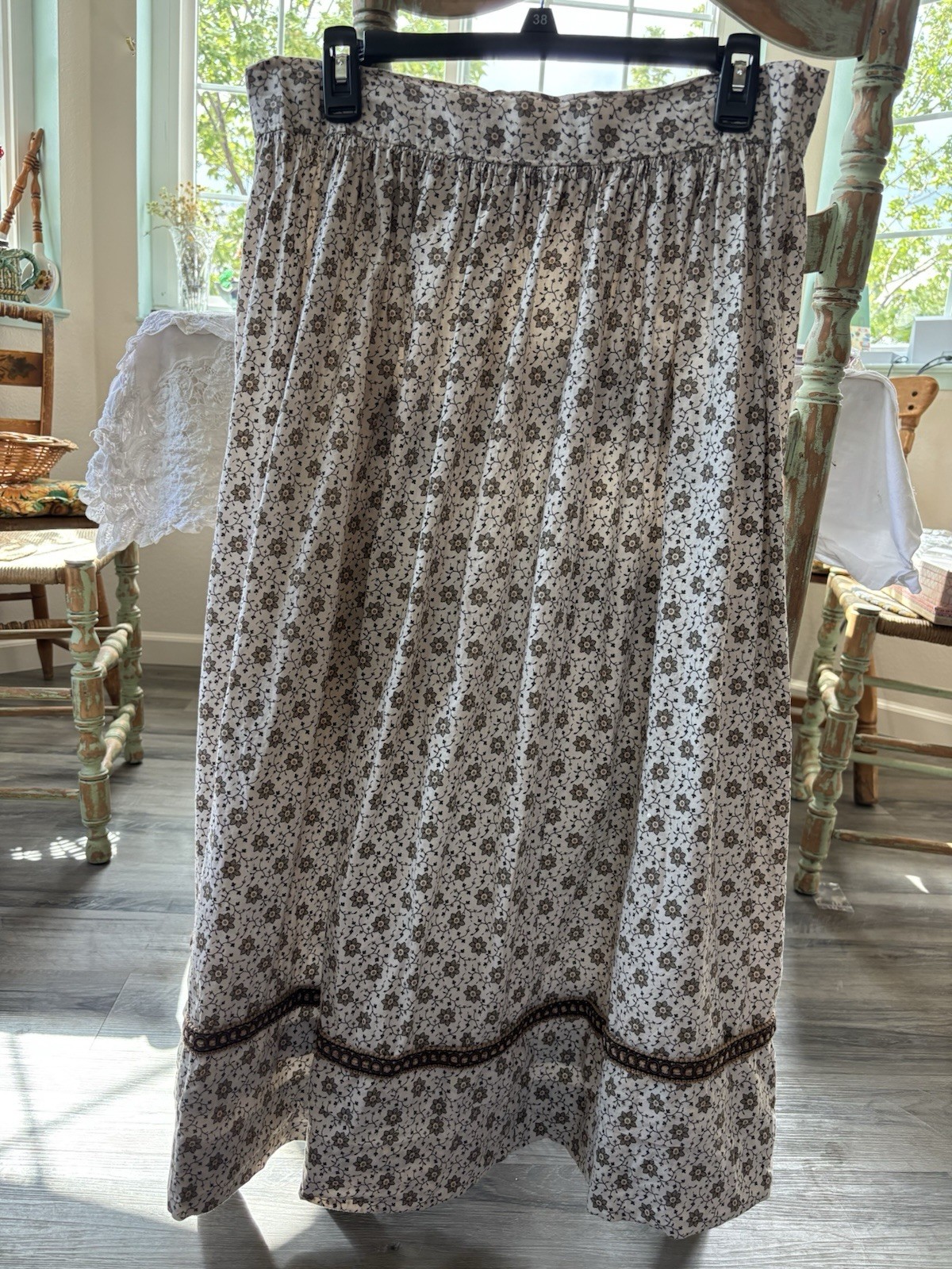 Vintage Brown Calico Floral Maxi Skirt Vintage Ribbon Trim Prairie Cottagecore