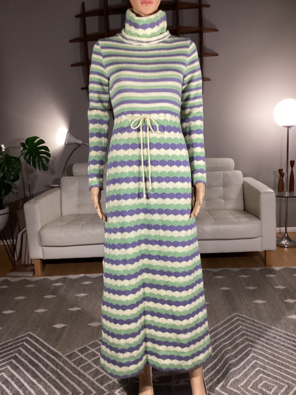 Vintage 60s 70’s Acrylic Knit Sweater Maxi Turtleneck Dress Sz 8 Mod Hippie