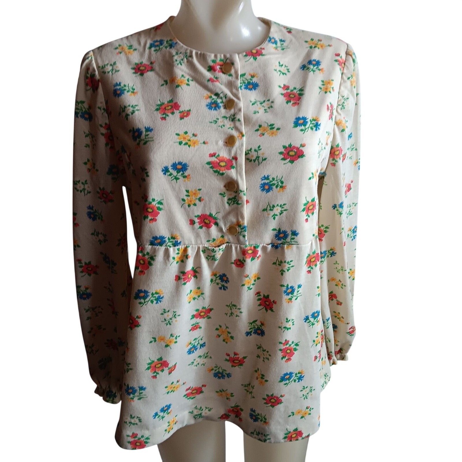 Womens Medium Vtg 70’s Peasant Top Blouse Floral Button-Down Hippie Groovy Mom