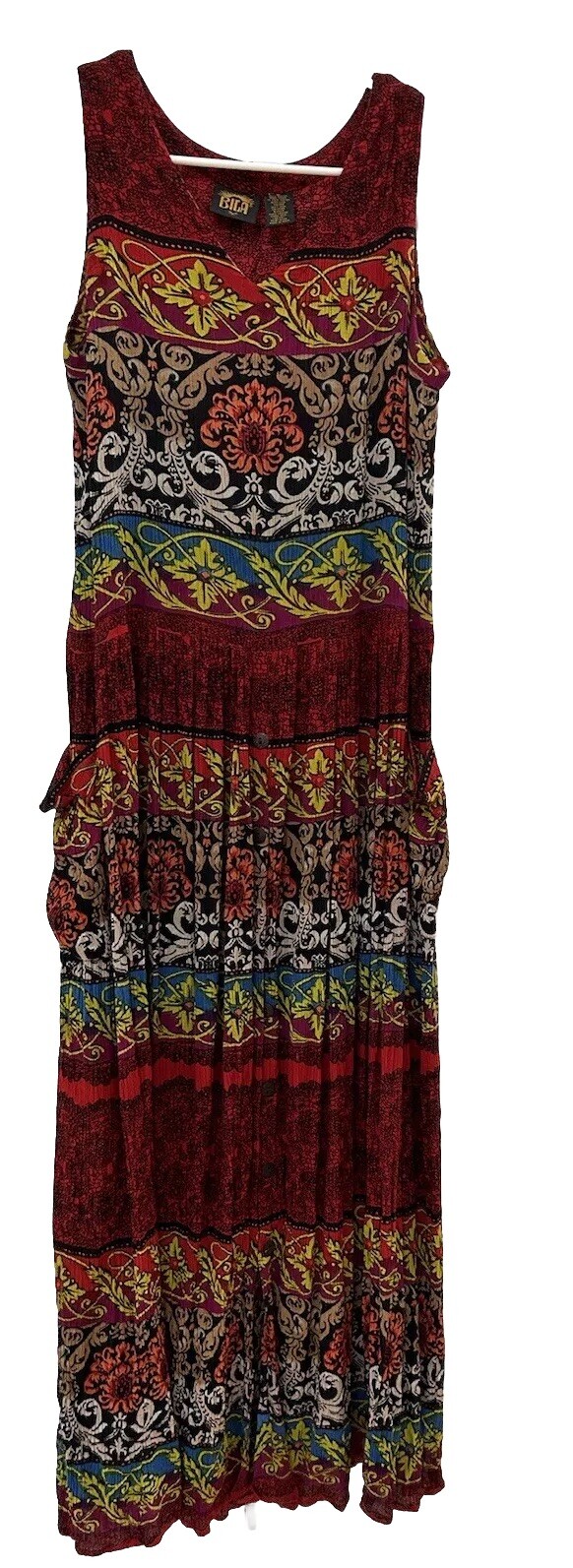Vintage BILA Crinkle Maxi Dress Size MED Multi Color Print Pockets 100% Rayon