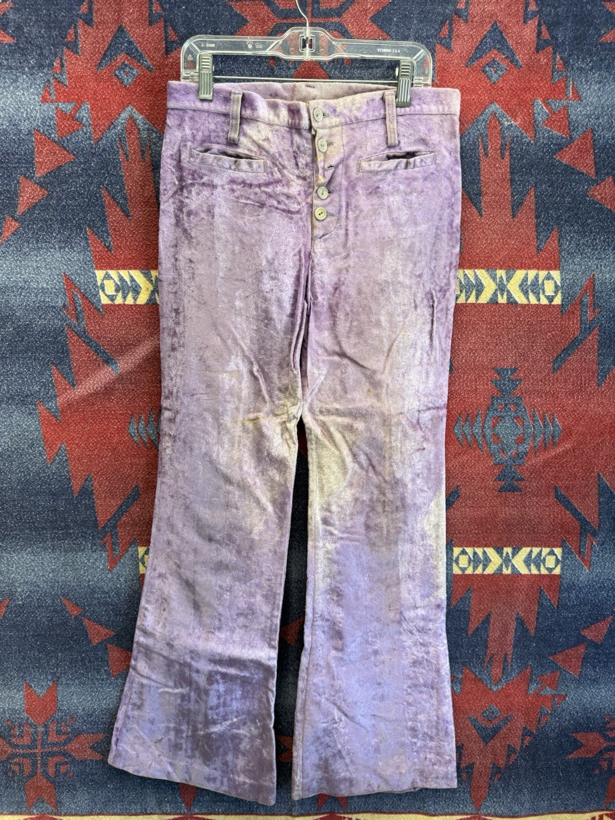 Vintage Purple Velvet Bell Bottoms Button Fly Union Made Sun Fade 27 x 28.5 70s