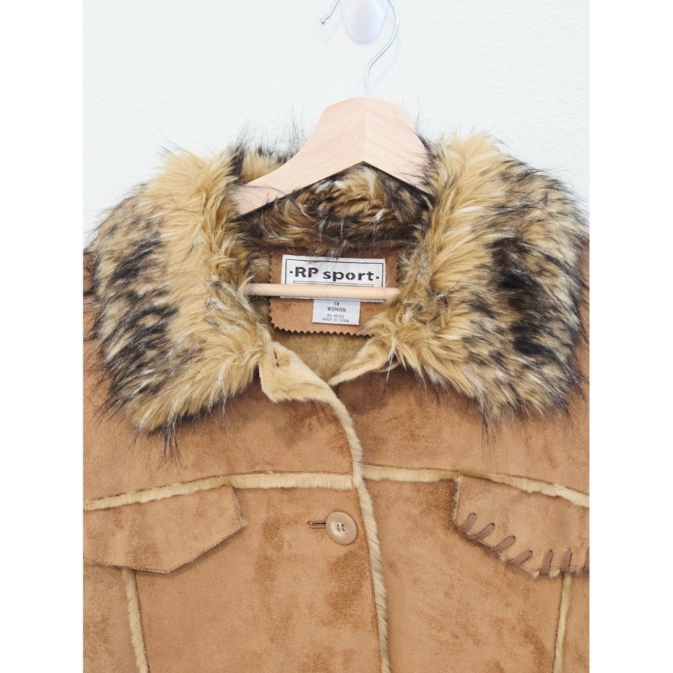 Vintage RP Sport Faux Fur Suede Jacket Brown Boho Penny Lane size 1X Western y2k