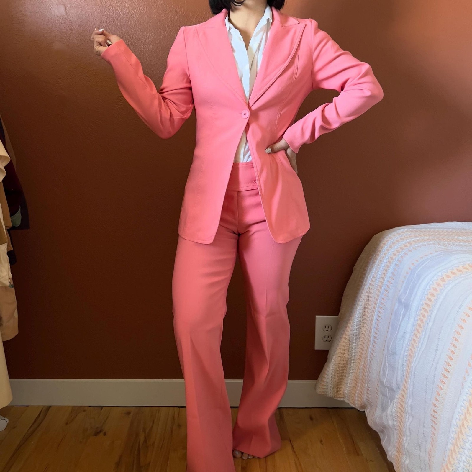 vintage 80s powder pink power pant suit 2 piece size 7