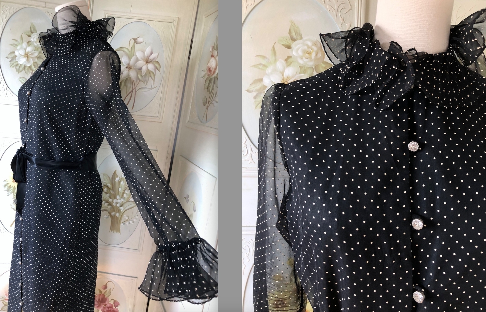 VTG 70s MARITA ANTHONY MUTO BLACK WHITE POLKA DOT RUFFLE COLLAR DRESS CHIFFON