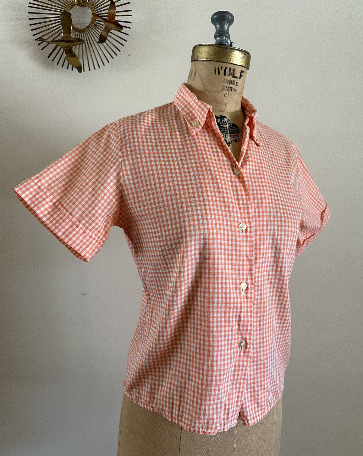 1950s Stoneswear Peach Gingham Cotton Blouse Top Shirt Western Workwear Farm VTG
