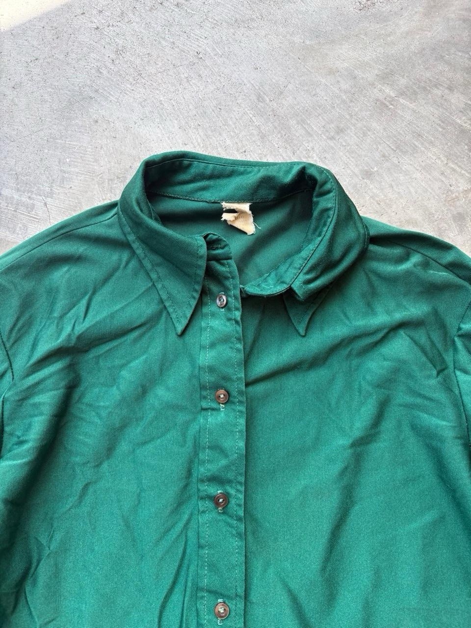 True vintage 70s green button up blouse with dagger collar