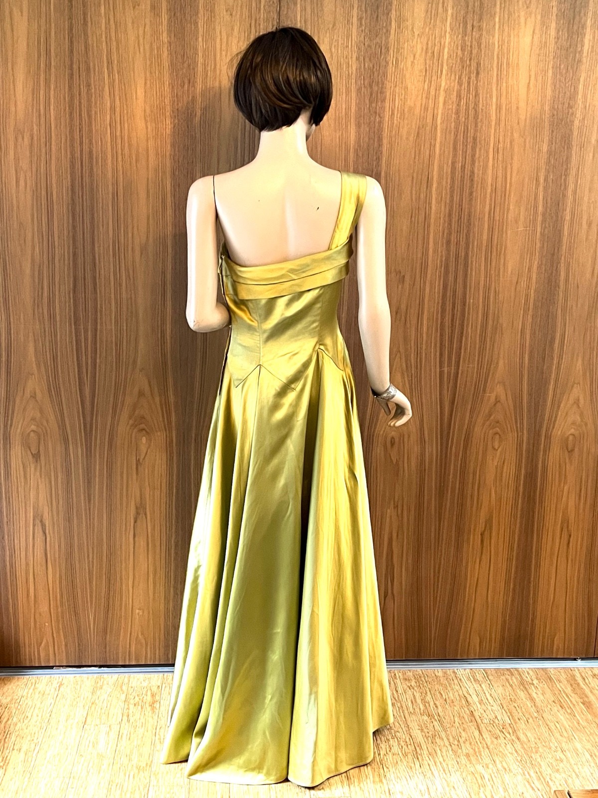 1950s CEIL CHAPMAN Silk Satin Gown Green Gold One Shoulder Full Skirt Dress