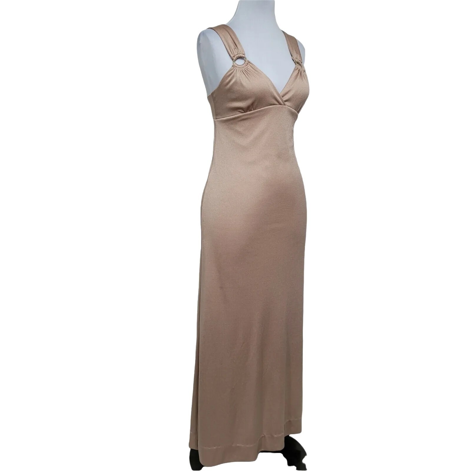 Vintage 70s 80s Champagne Gold Maxi Dress Talon Zipper Empire Waist Disco Gown