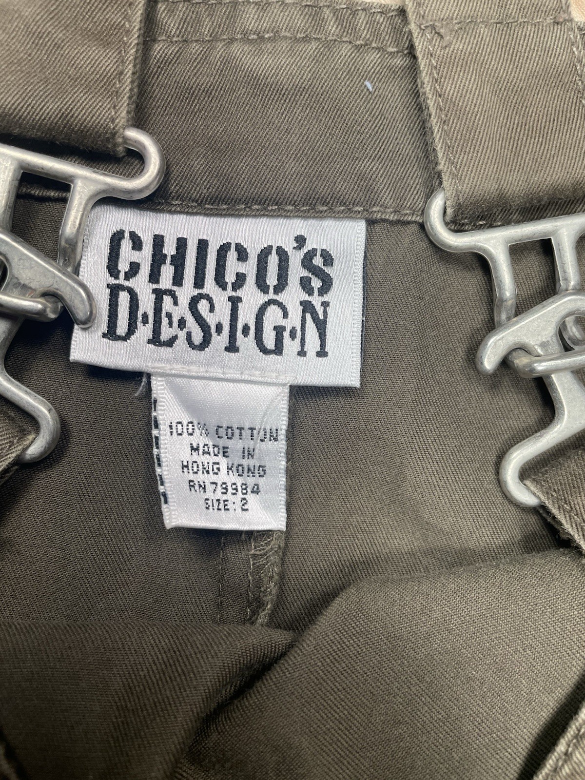 Vintage Chico’s Utility Jumper Dress Olive Green Pinafore Workwear Size 2