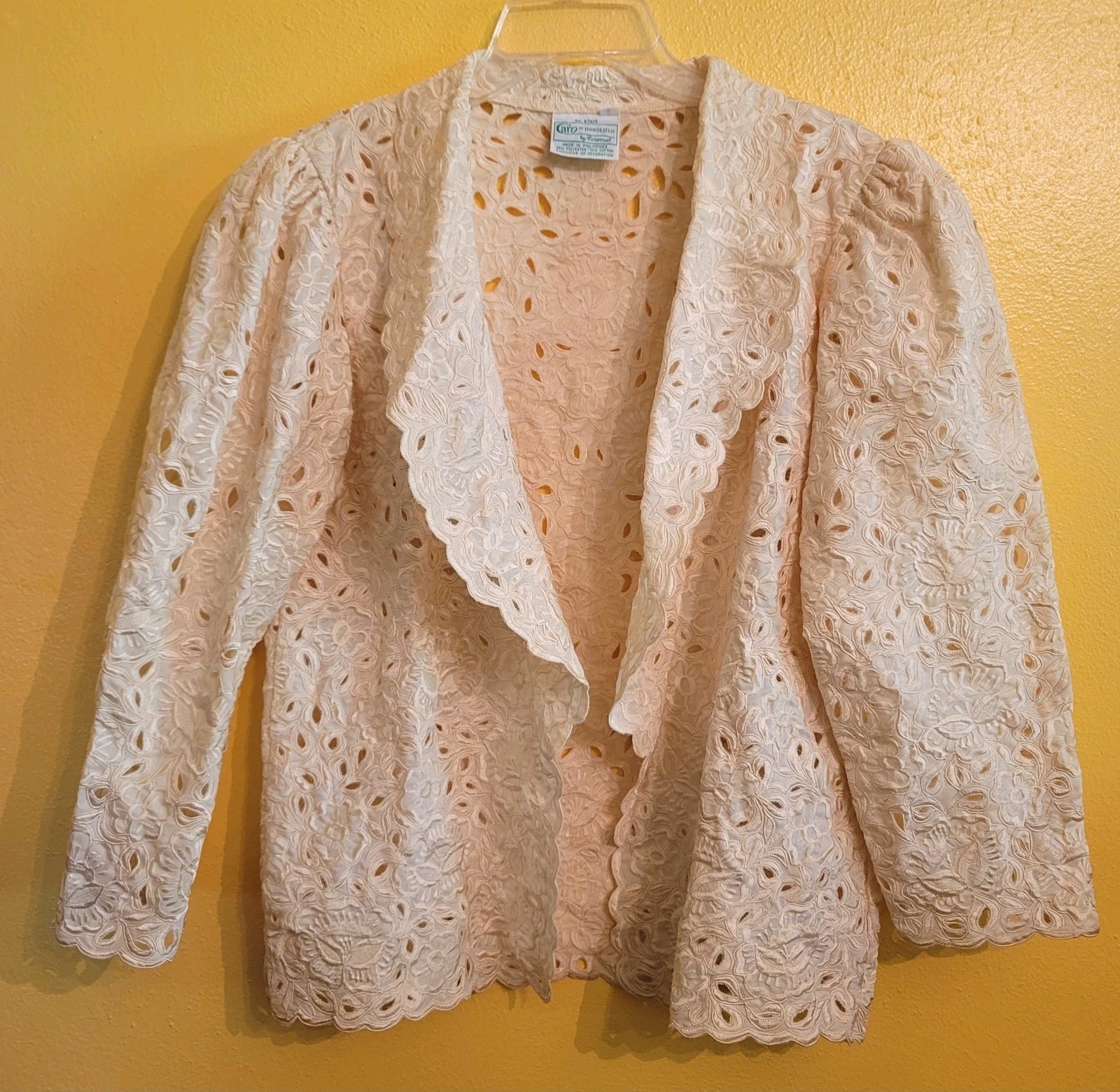 Vintage Caro of Honolulu Jacket Eyelet Embroidered Lace Open Front Ivory Size S