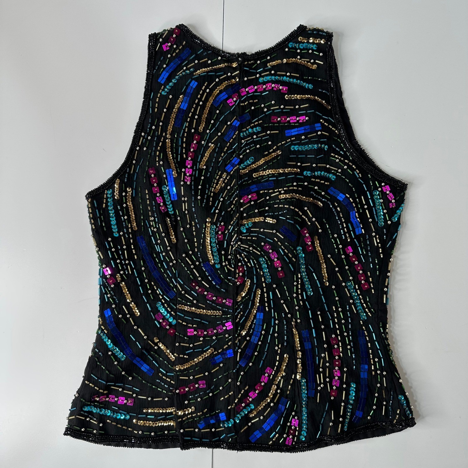 Laurence Kazar Black Silk Beaded Sequin Swirl Sleeveless Top Vintage Glam Sz M