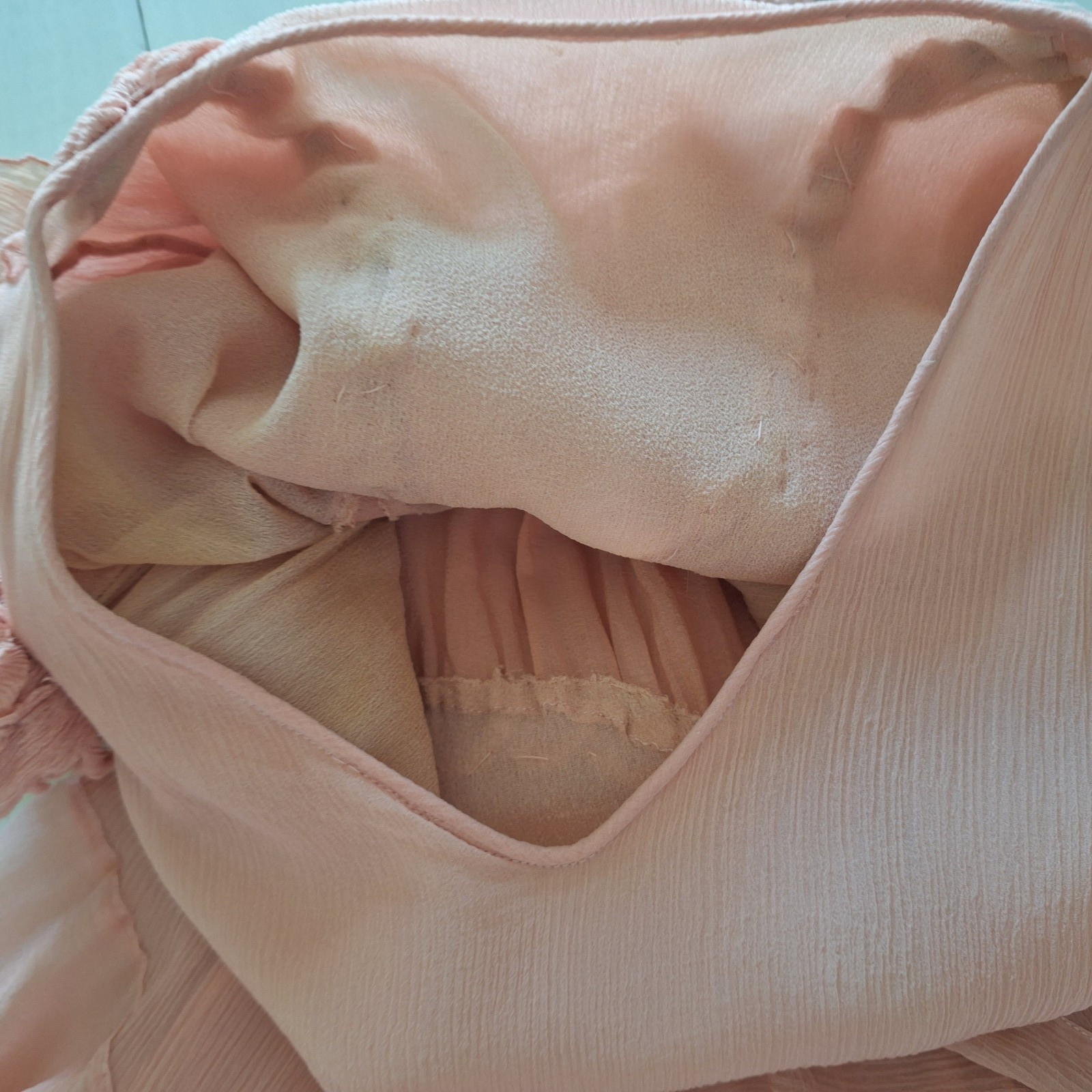 Antique 1930s Peach Chiffon Dress Rosette Trim Flutter Sleeve AS IS Art Deco