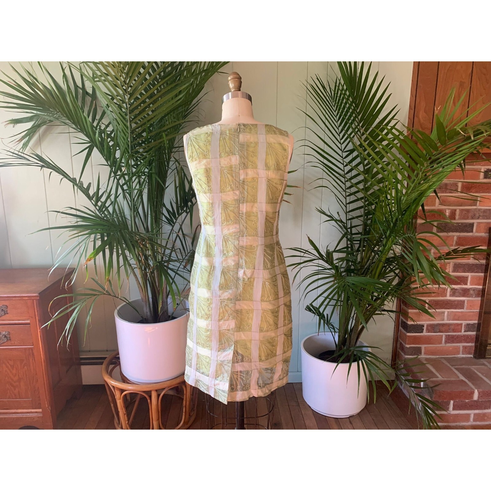 Vintage 1960s Chartreuse Green Silk Sheer Embroidered Organza Sheath Dress