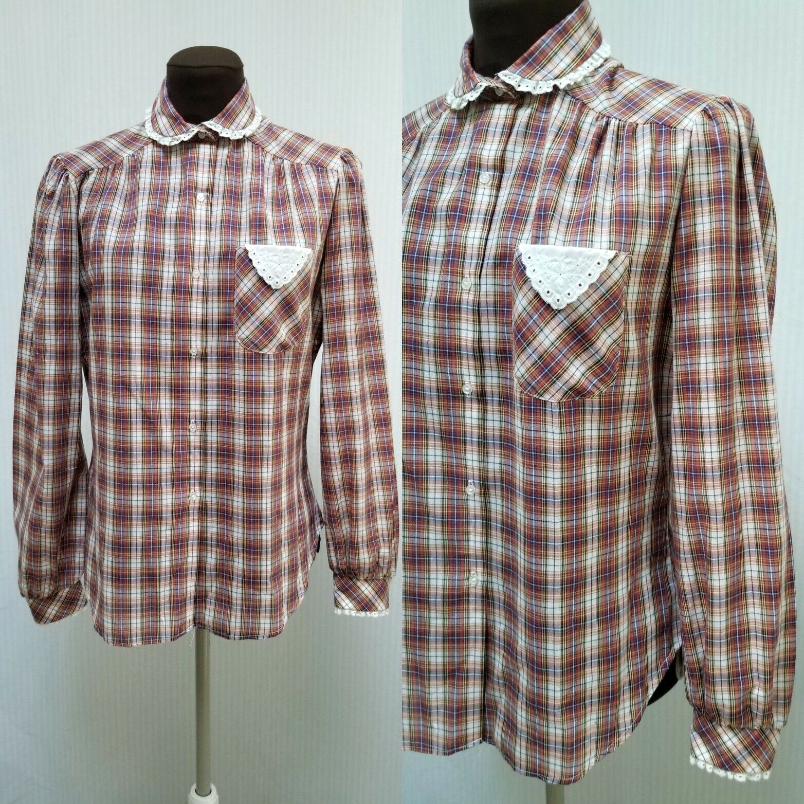 Vintage 1970/80’s Prairie Brown Plaid Shirt w/ Eyelet Lace – Langtry- Size M