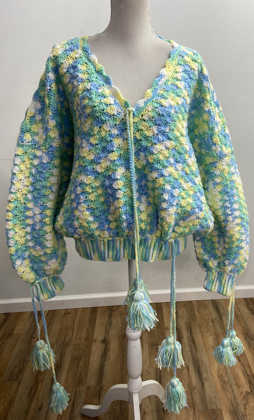Handmade Crochet Knit Retro Multi-Color Pullover Sweater Large / XL Artsy VTG