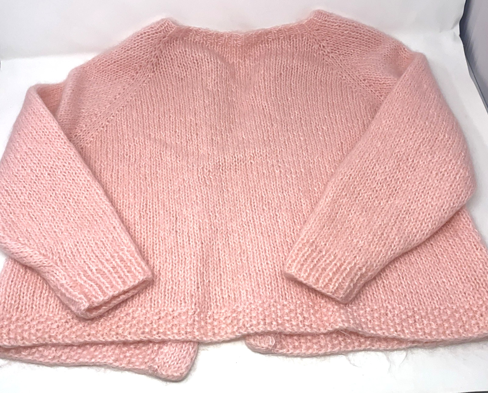Vintage Pink Mohair Cardigan Hand Knit Cable Stitch Large