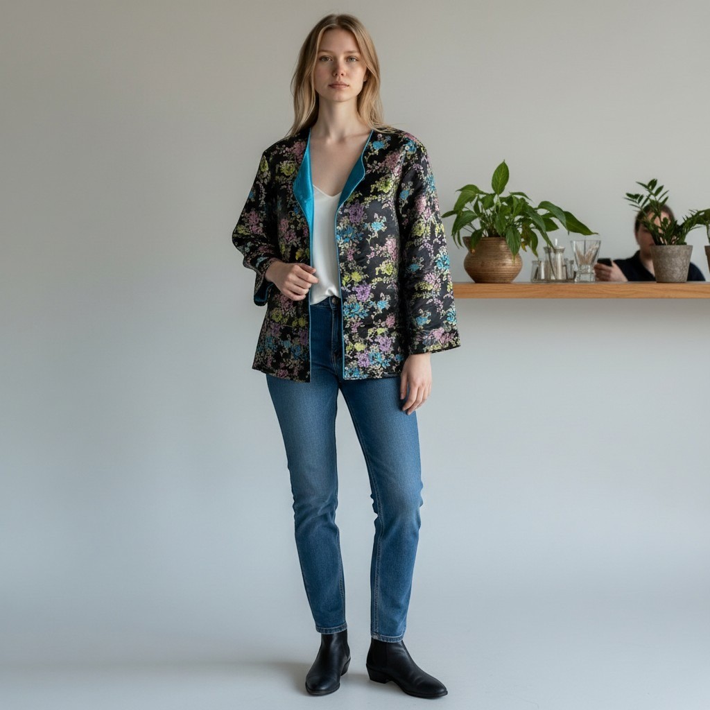 Harris Wallace Jacket Womens Large Black Floral Brocade Vintage Silk Open Front