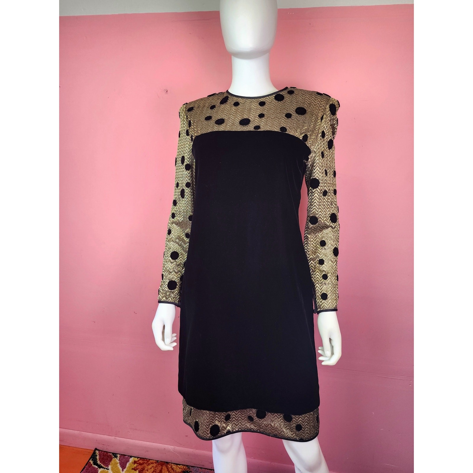 Vintage 1980’s Black Velvet Metallic Gold Polka Dot Long Sleeve Cocktail Dress
