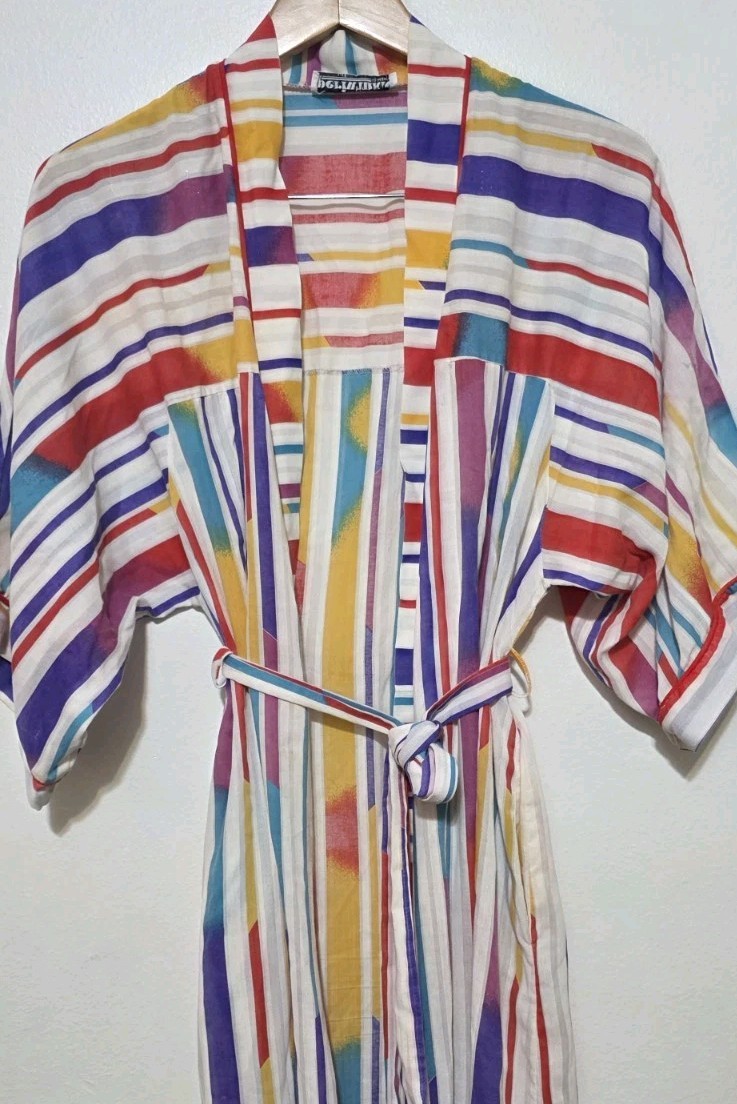 Vintage Periwinkle Loungewear Nightgown Robe Stripe Colors 60s 70s Retro Boho M