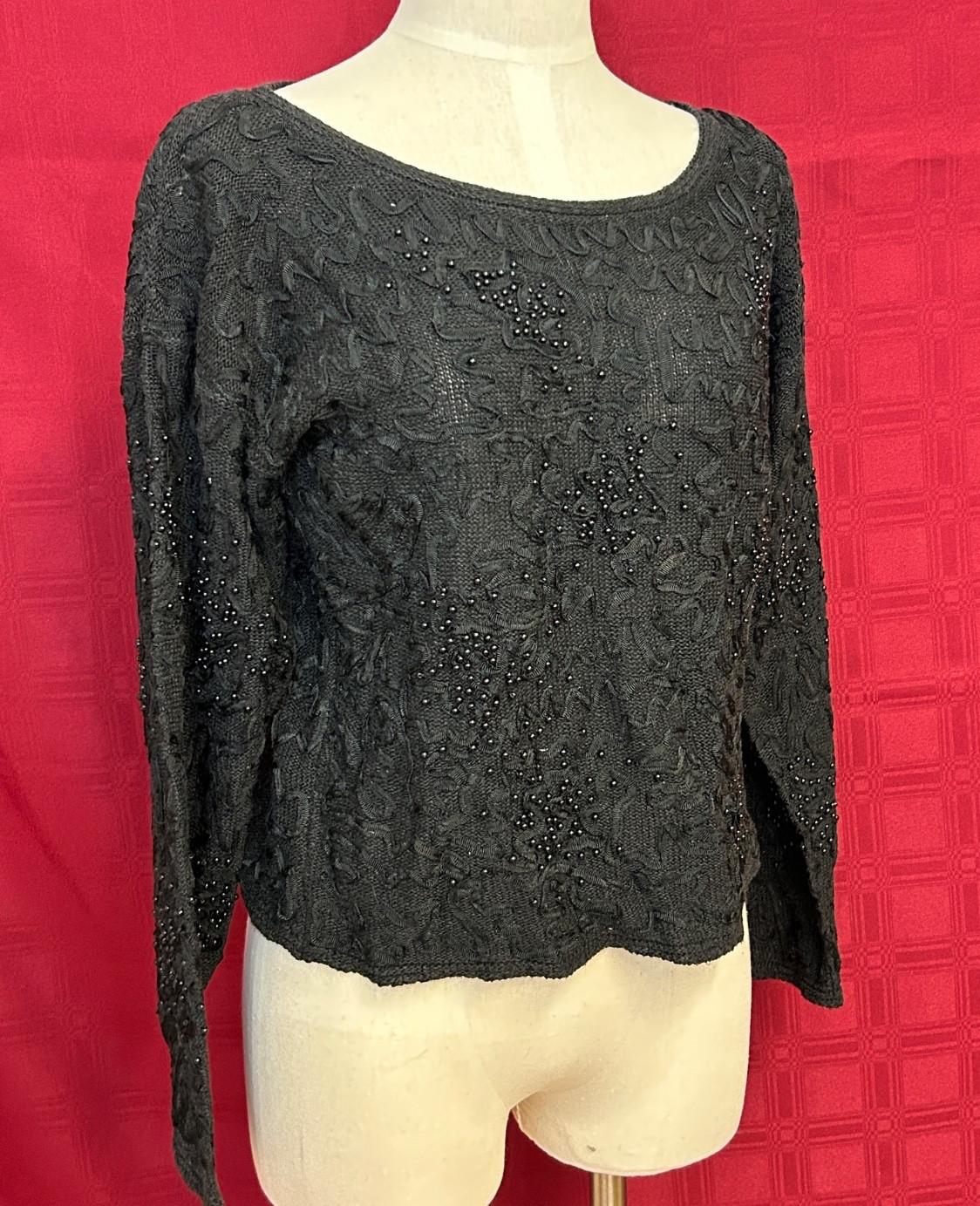 Vintage Pierre Cardin Filenes Black Beaded Embroidered Sweater Large