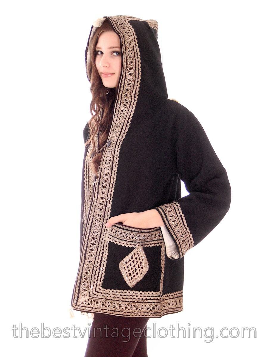 VTG 40s–60s Ethnic Hooded Coat M L Black Silver Braid Trim Gypsy Steampunk Elf