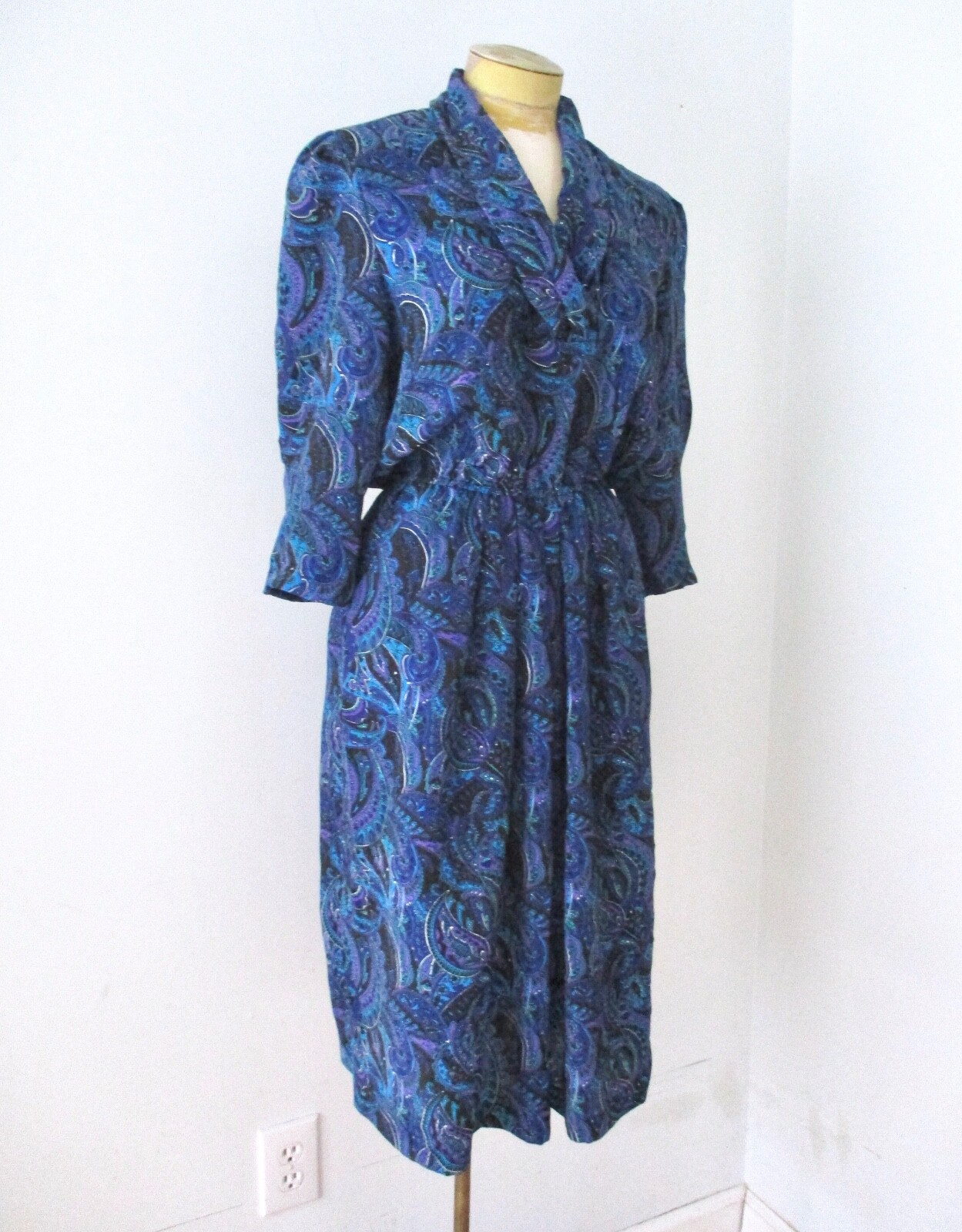 Vtg 80s purple blue paisley silky poly secretary dress pockets elastic waist PM
