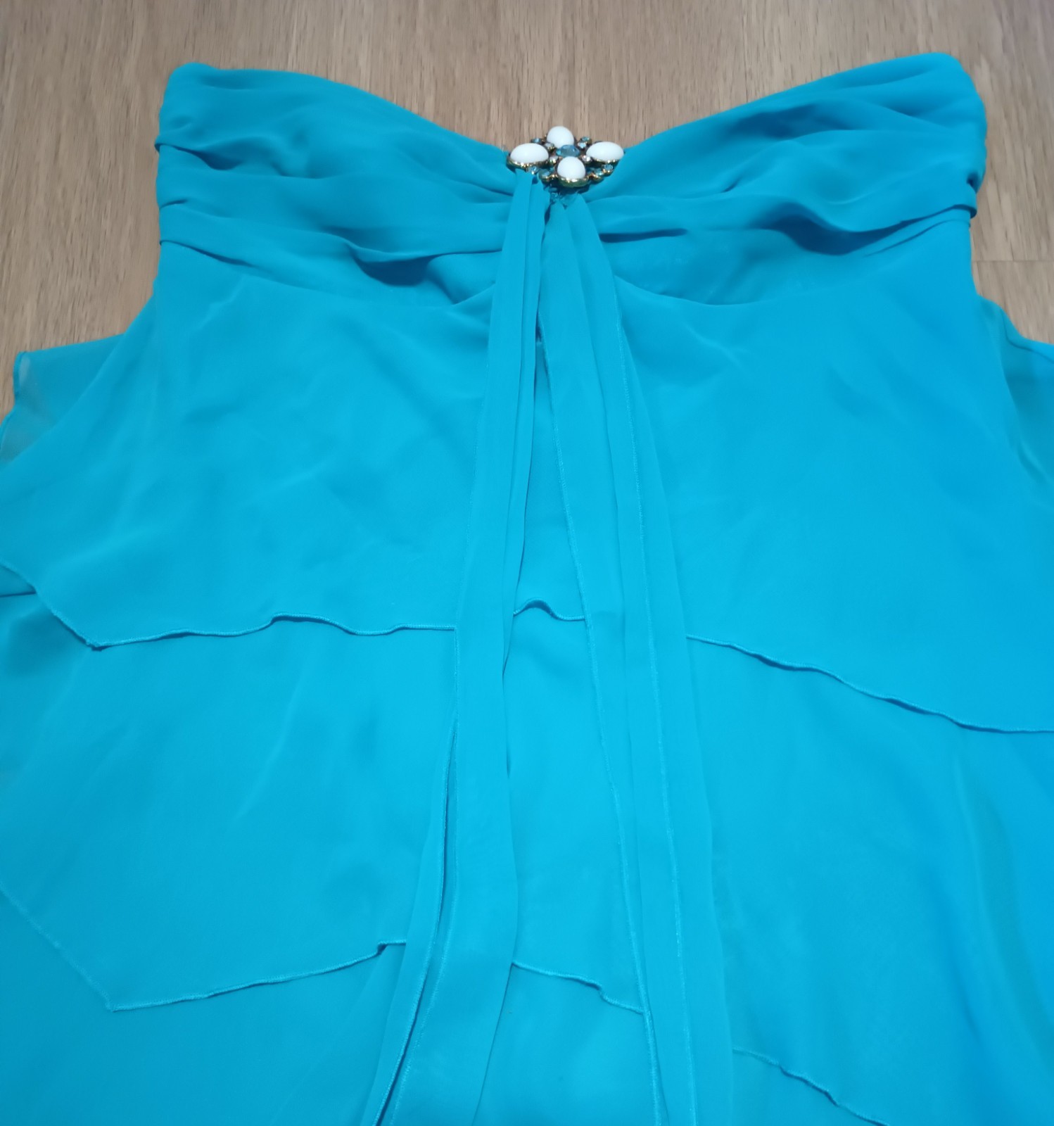 Vtg 90s ABS ALLEN SCHWARTZ Teal Sheer Tiered Layered Empire Evening Prom Dress 4