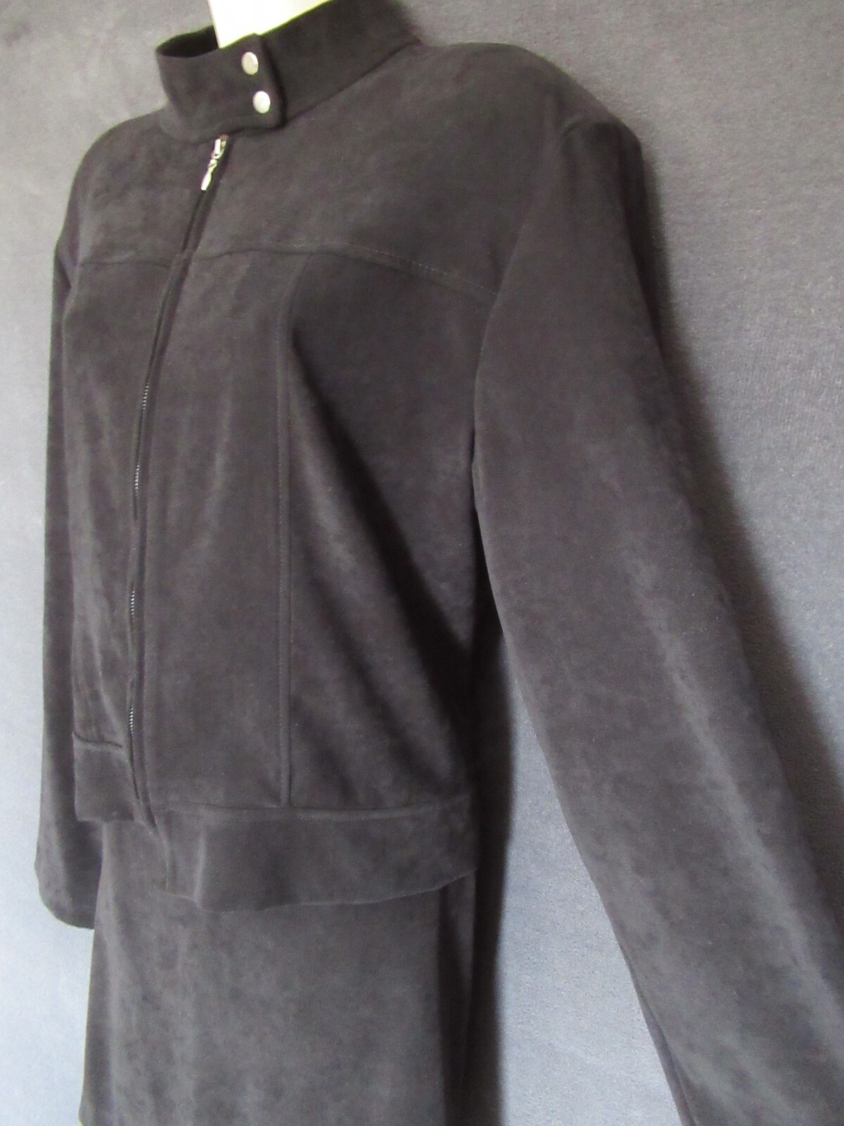 80’s 90’s Vintage Black Faux Suede Long Sleeve Zip Front Jacket Mini Skirt Set L