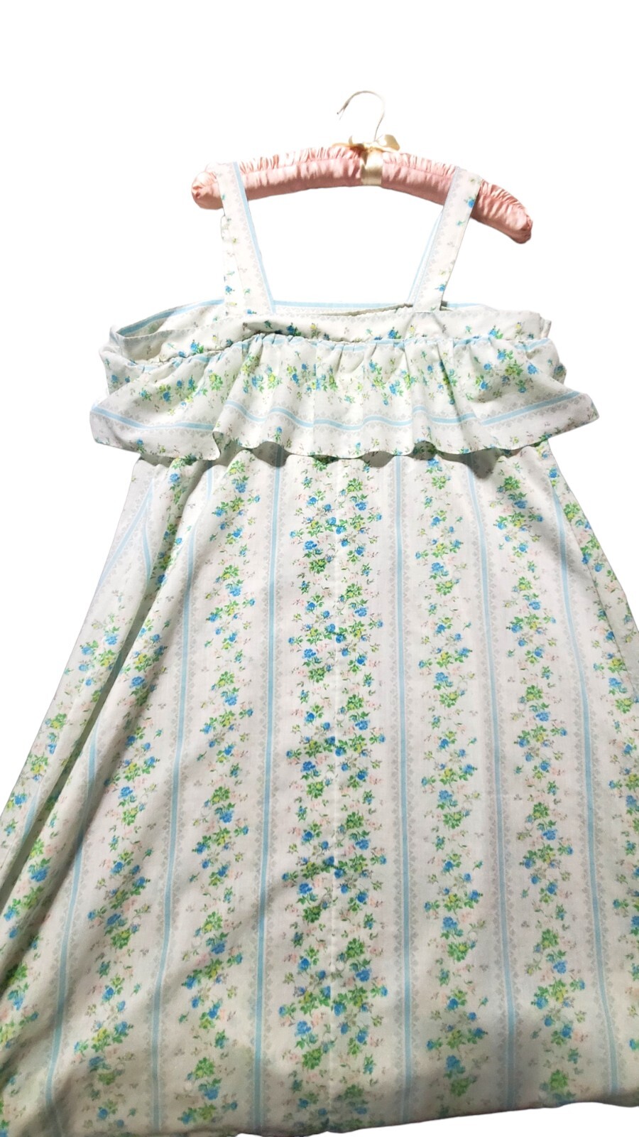 Vtg Snowdon Nightgown Summer House Dress Wide Strap Ruffled Blue Floral Large