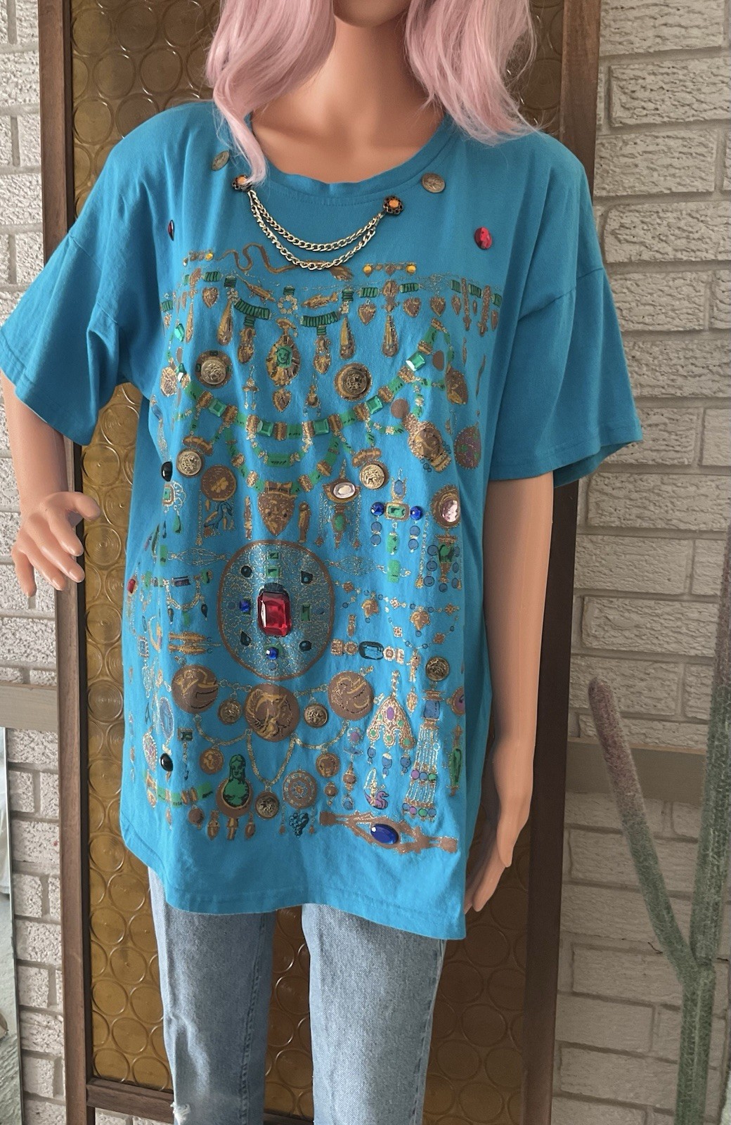 Vtg 80s 90s Gem Stone Coin Chain Gold Glitter Embellished T Shirt OS Oversized