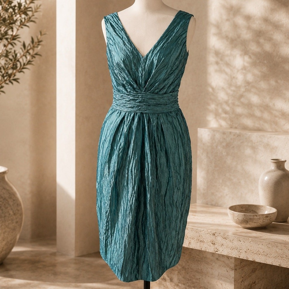 VTG Kay Unger Silk Blend Teal Iridescent Taffeta Cocktail Dress Empire Waist 8