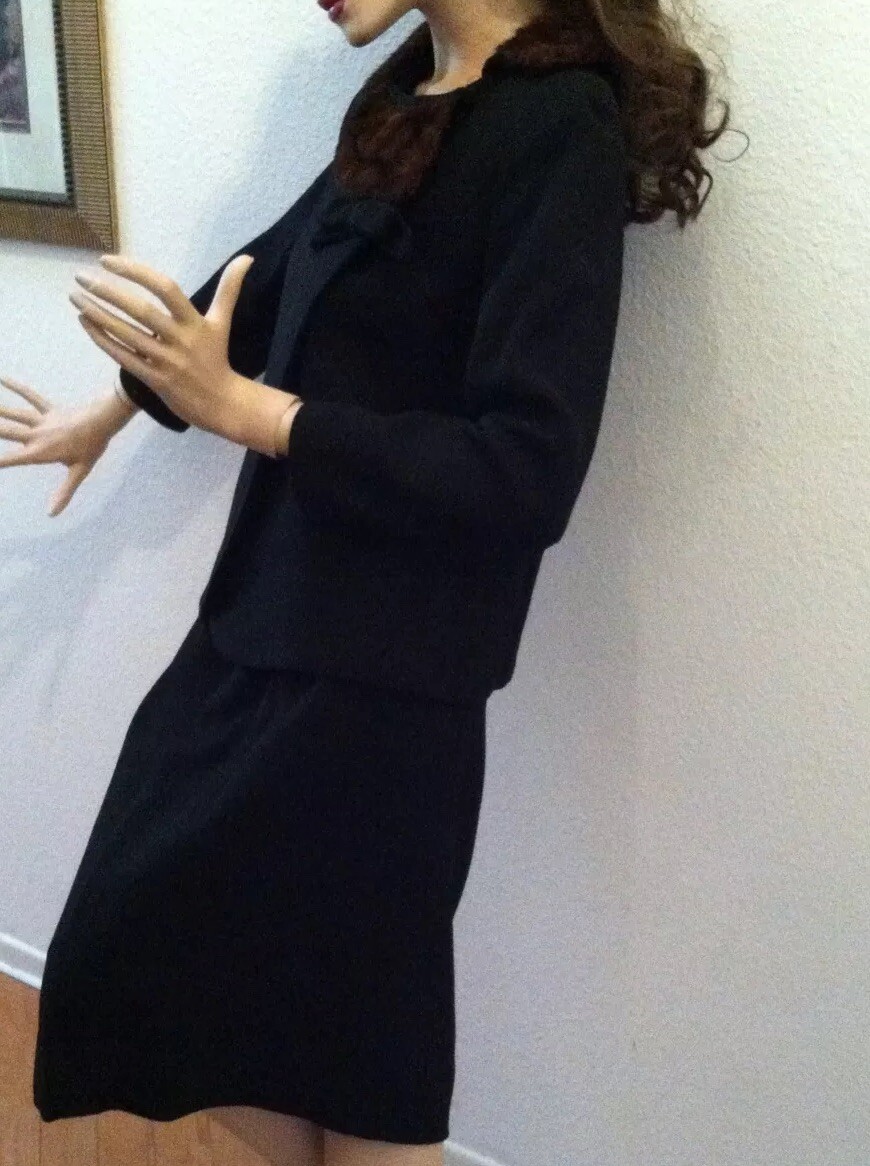 Vintage Vtg Wool Suit Fur Collar Black Medium ? 1940’s 1950’s AS IS Moth Holes