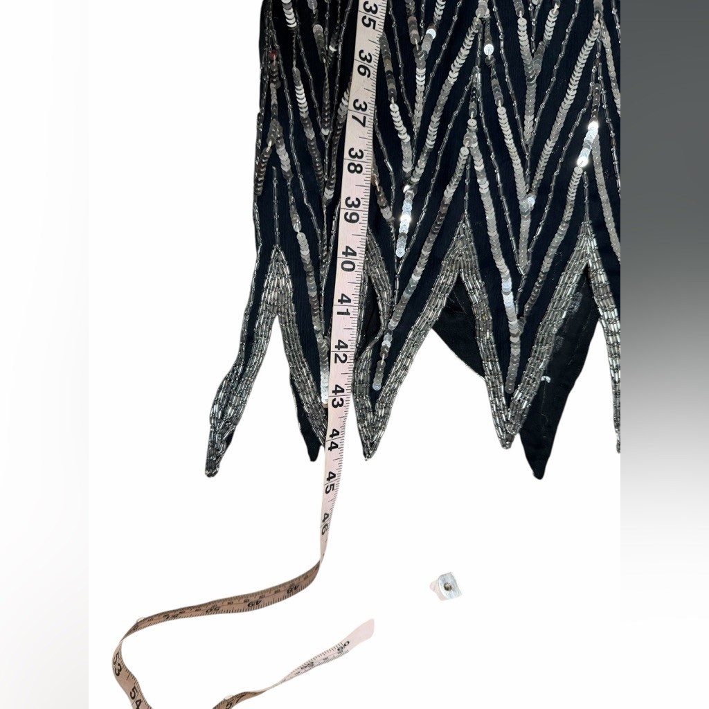VTG 80s Sweelo Beaded Silk Dress Black Silver Extravagant Sequin Chevron Size M