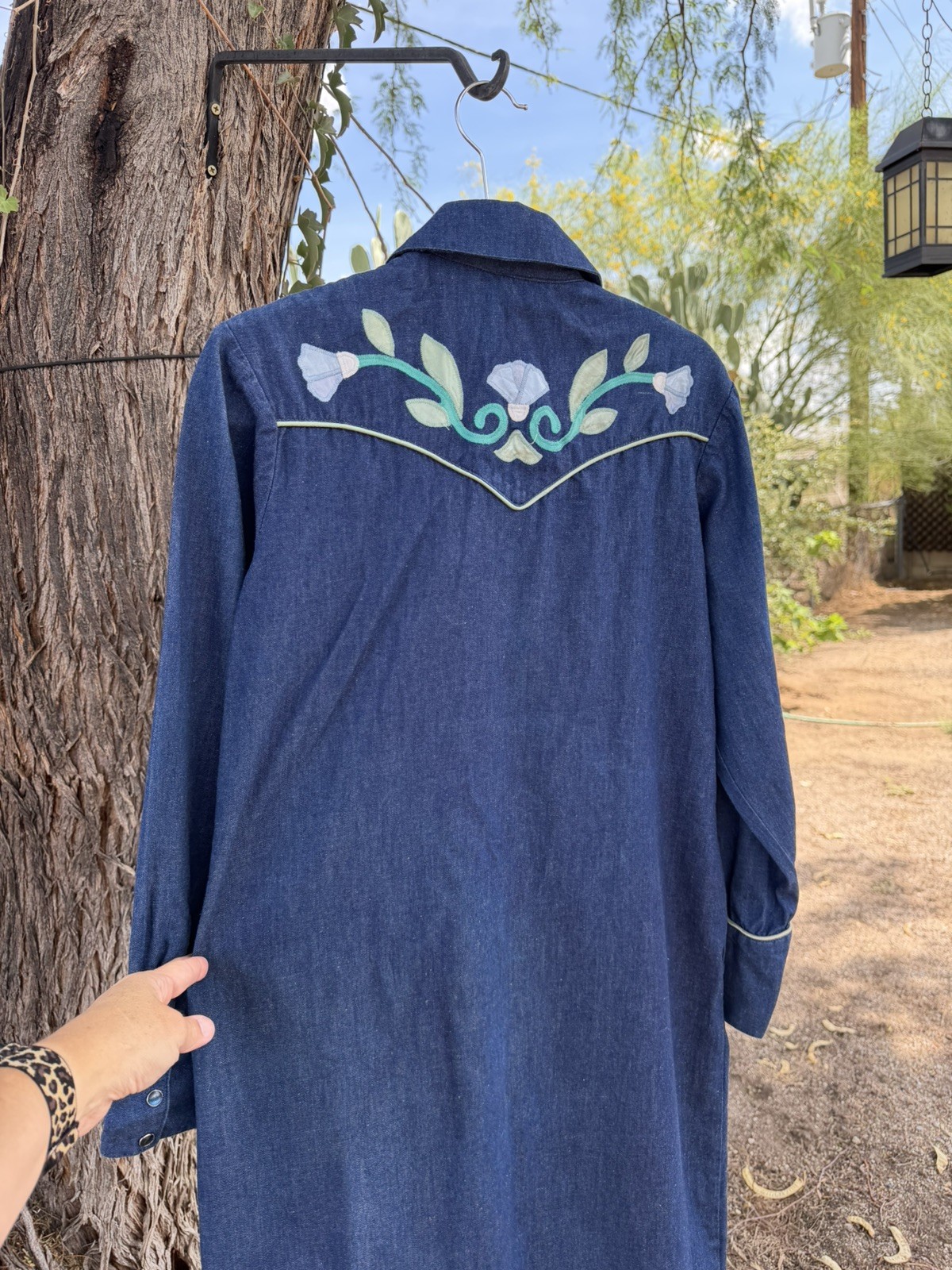 Vtg 70s Salaminder Kansas City Western Dress RARE Pearl Snap Flowers Blue Denim