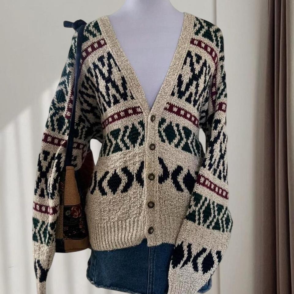 Lake Harmony USA Vintage Cotton Cardigan Sweater Geometric Southwestern L