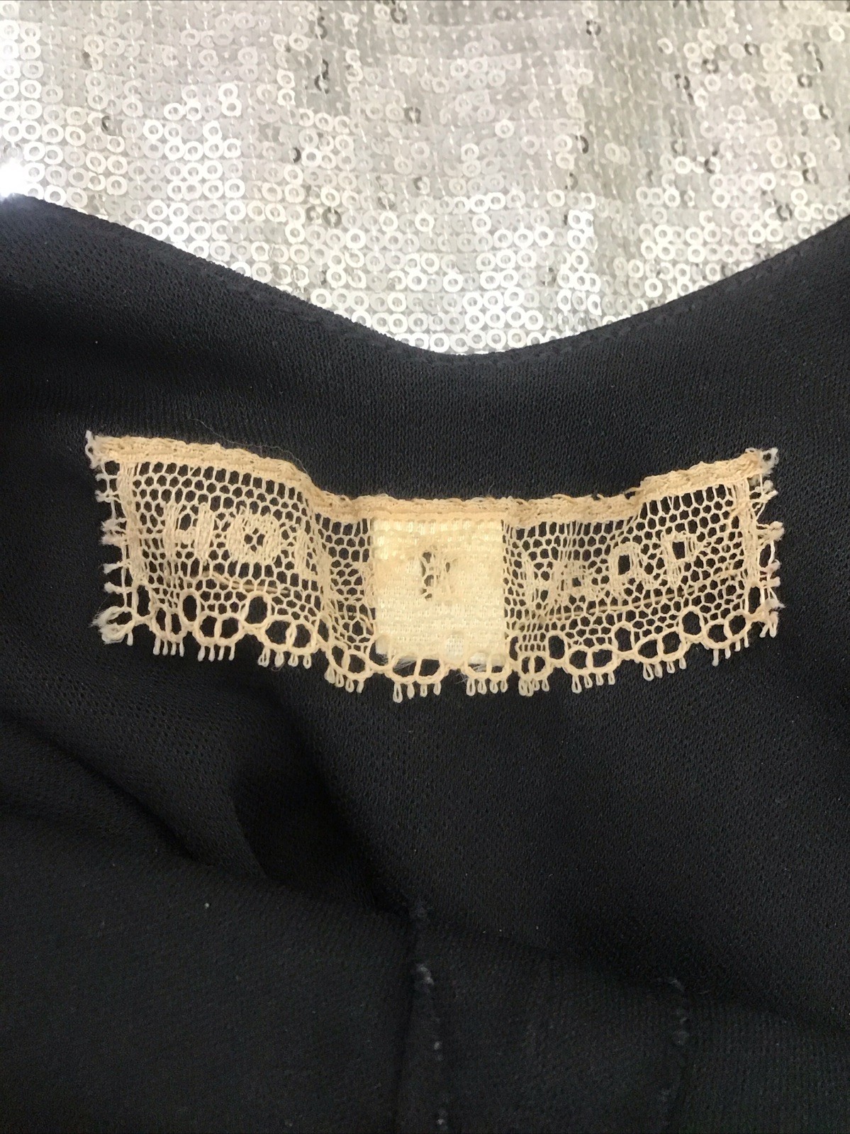 Hollys Harp Vintage Long Black Jersey Dress Drape Neck Sequin Butterfly Belt P
