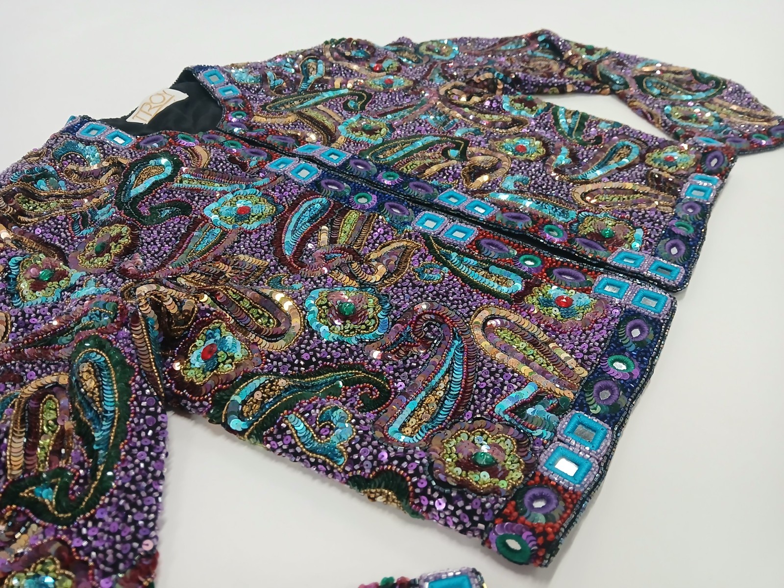VTG Troy Trophy Bolero Jacket Cropped Beaded Sequin Mirror Art Wear Sz S Boho