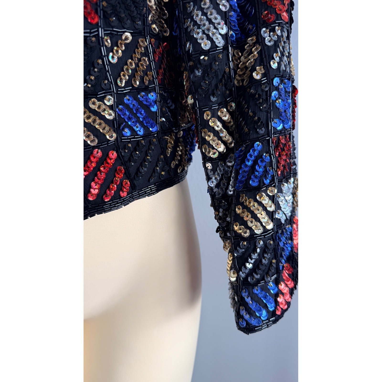 Vintage 80s Laurence Kazar Sequin Beaded Silk Jacket Black Red Blue Gold Small