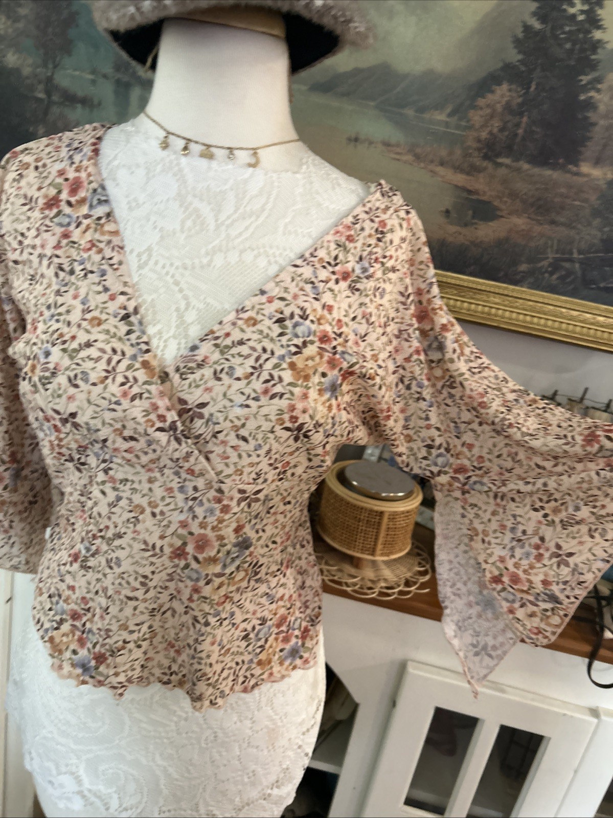 Anxiety Cafe Shirt Womens L Floral Babydoll Top Y2K VTG Fairy Grunge Large