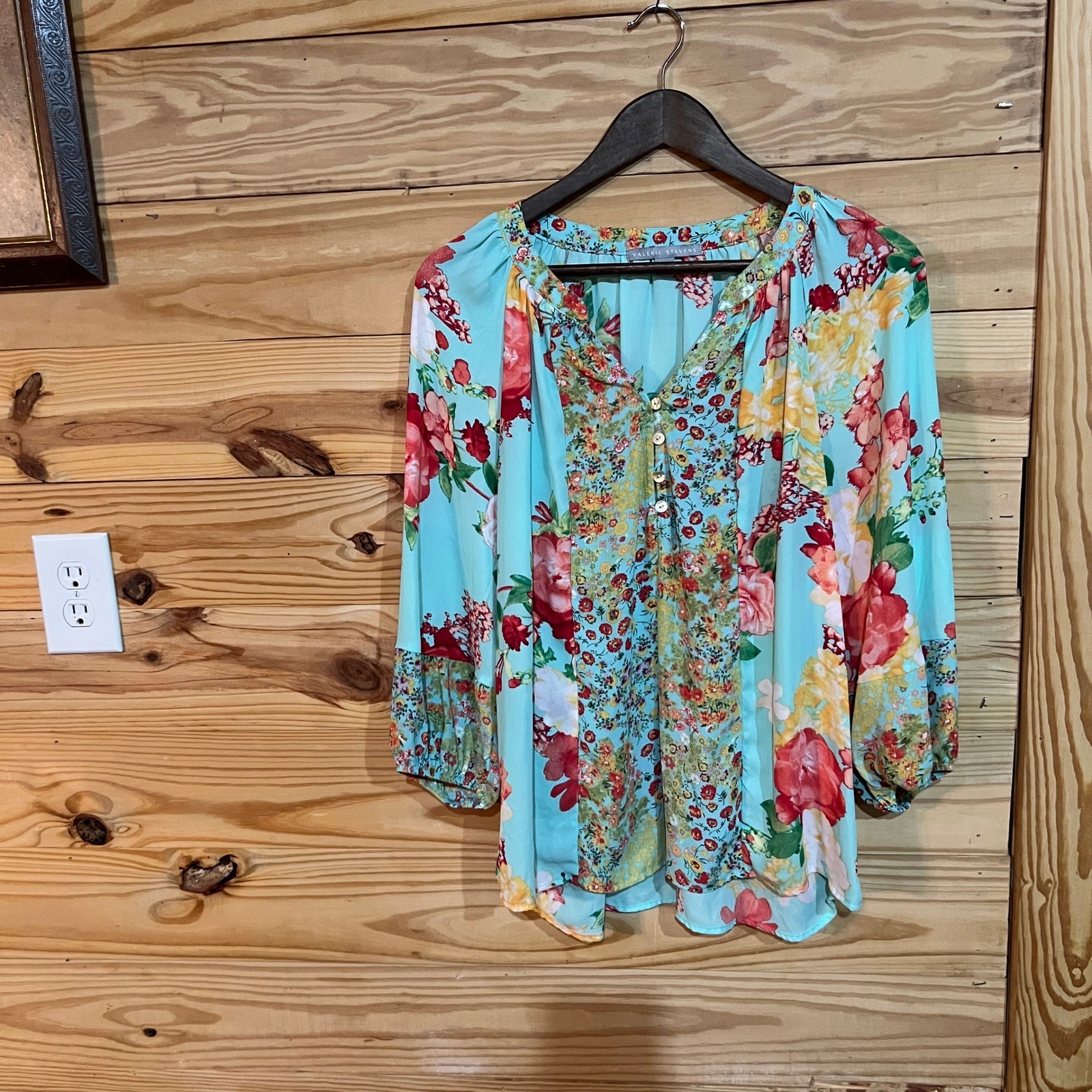Valerie Stevens Women’s Med Floral Boho Peasant Tunic Top Multicolor Lightweight