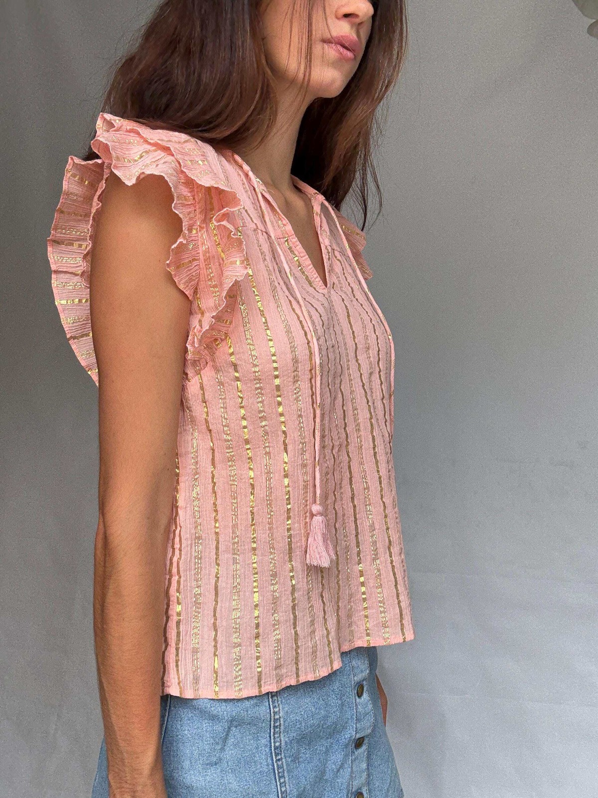 Pink and gold striped cotton top, XS