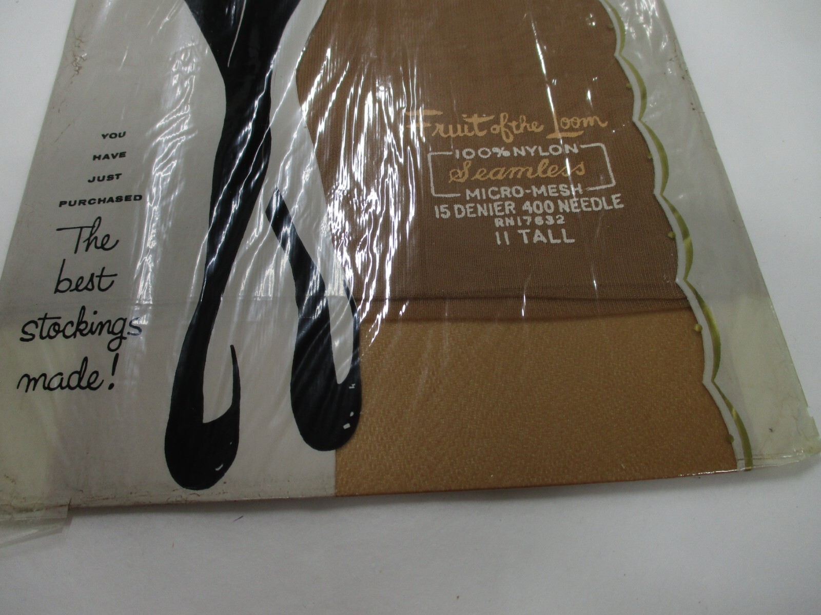 1PR VINTAGE FRUIT OF THE LOOM RHT SHEER MICRO MESH NYLON STOCKINGS 11 LONG BEIGE