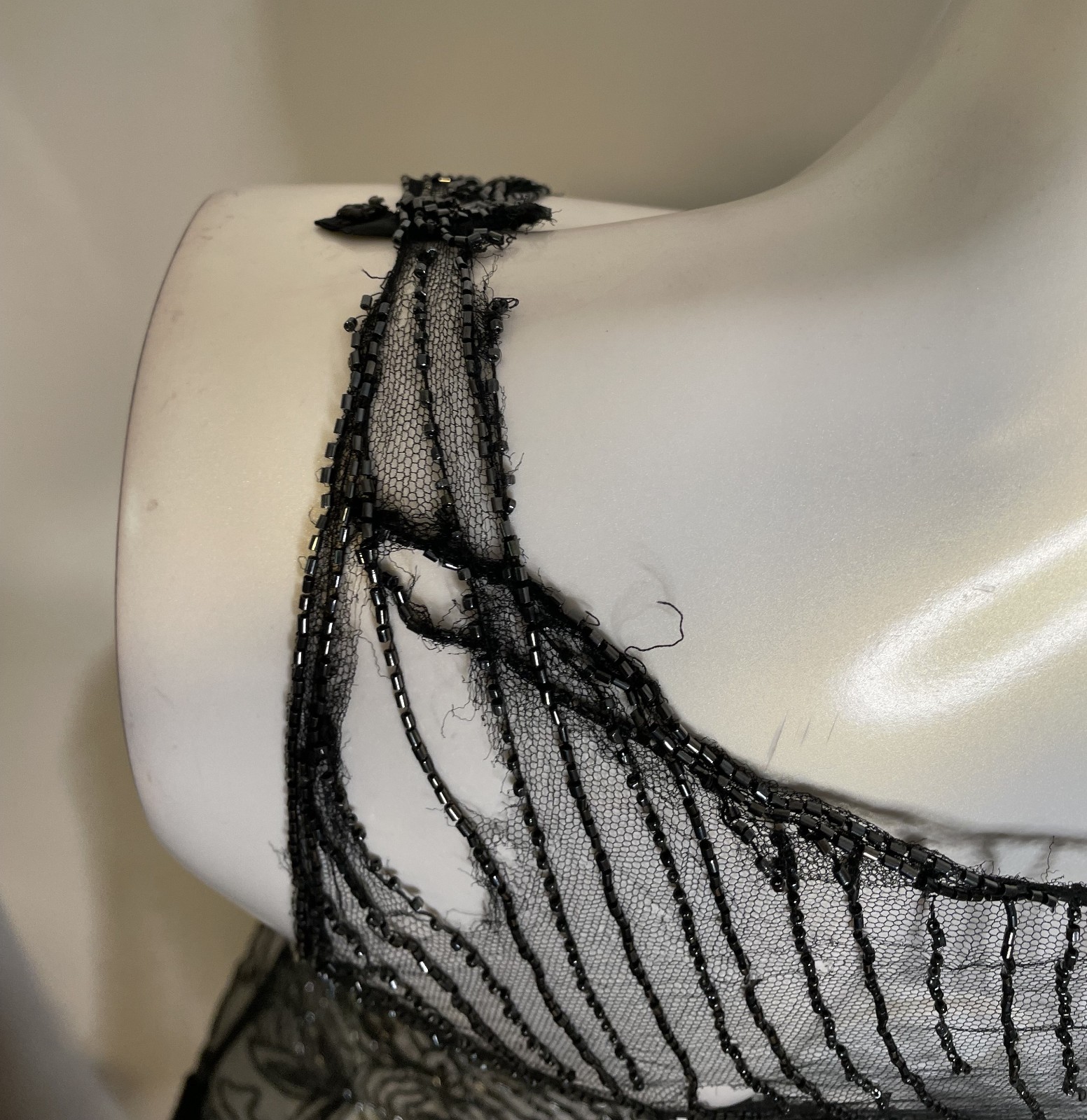 Antique 30s Art Deco Black Lace Sheer Beaded Dress S XS Floral Holes