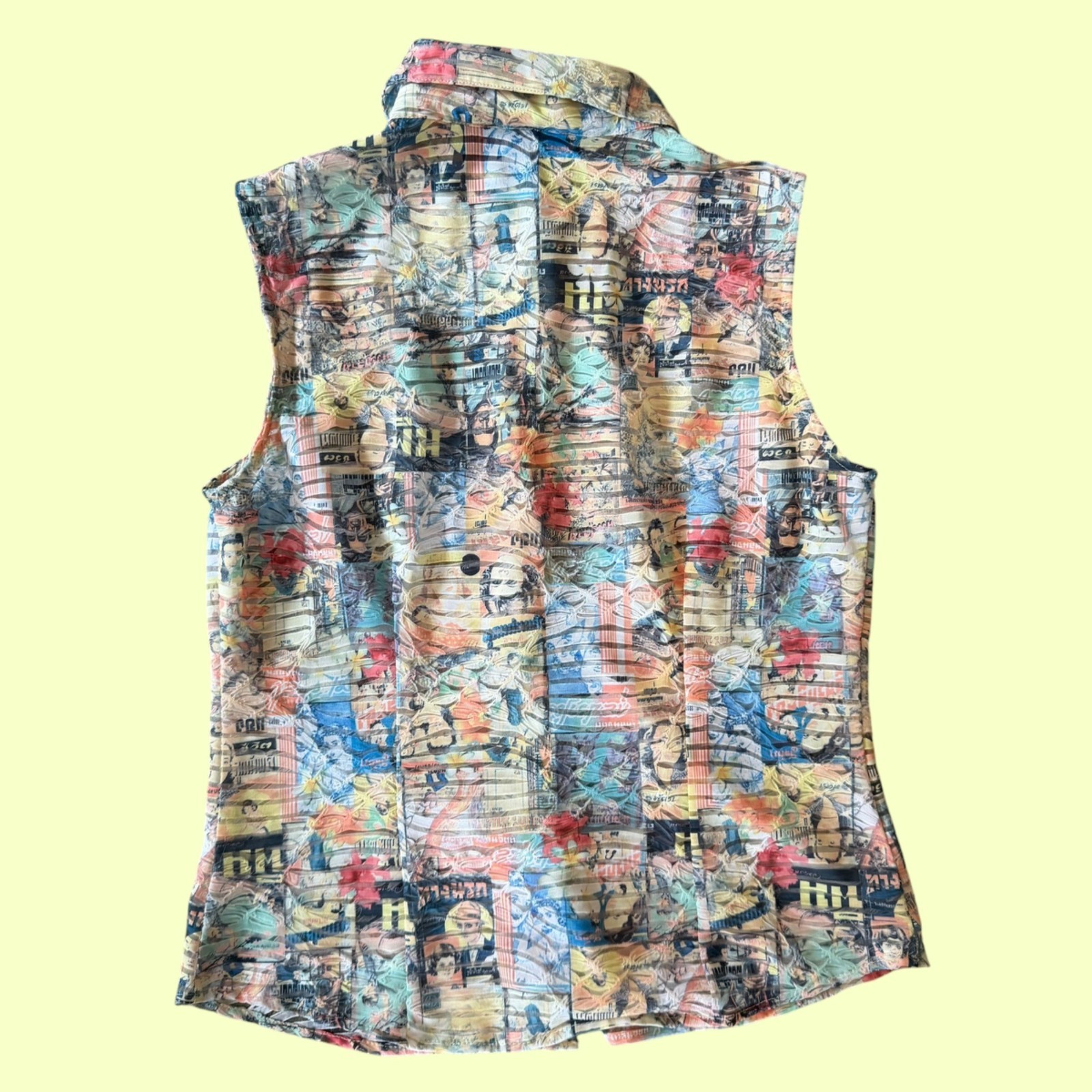 Culture by Krazy Larry Button Down Semi Sheer Sleeveless Pop Art Top S