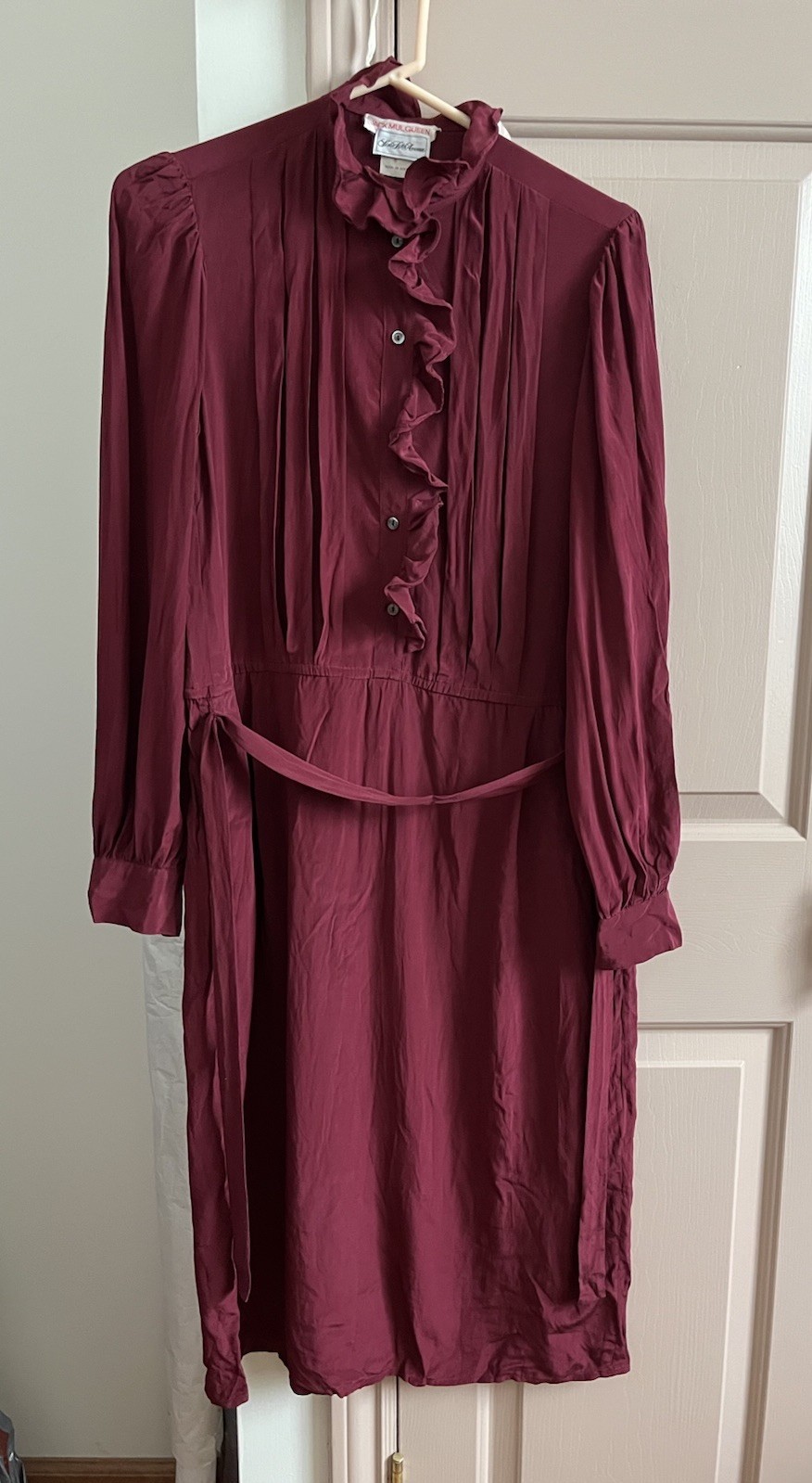 Vintage 80s Jack Mulqueen Saks Fifth 100% Silk Pleated Ruffle Dress Sz 6 Red